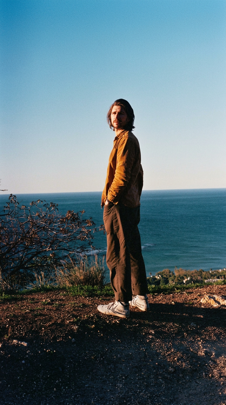 Golden hour portrait on a coastal cliff, 35mm film