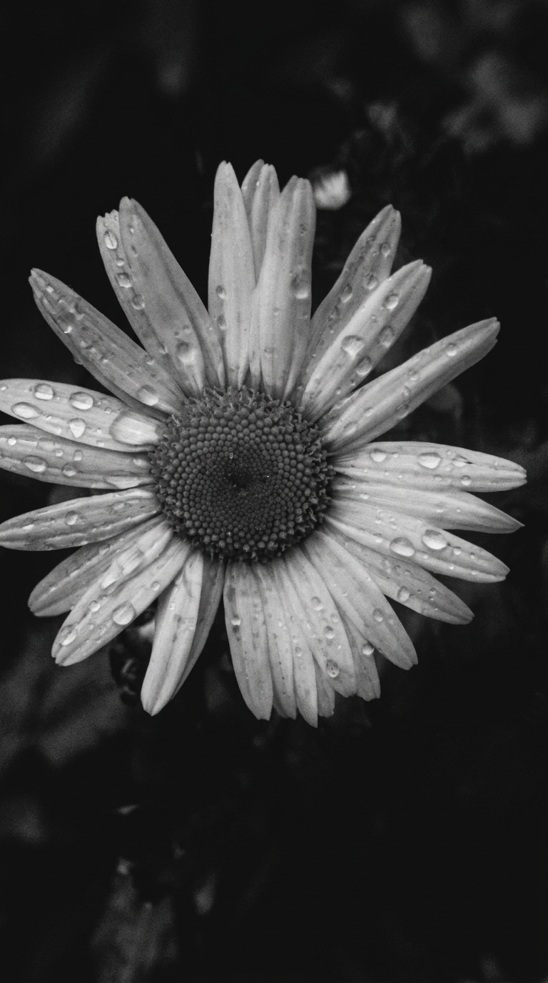 Daisy after rain, black and white study
