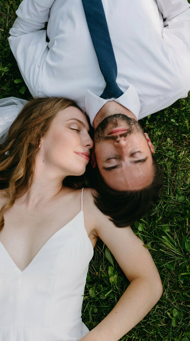 Newlyweds resting in the grass