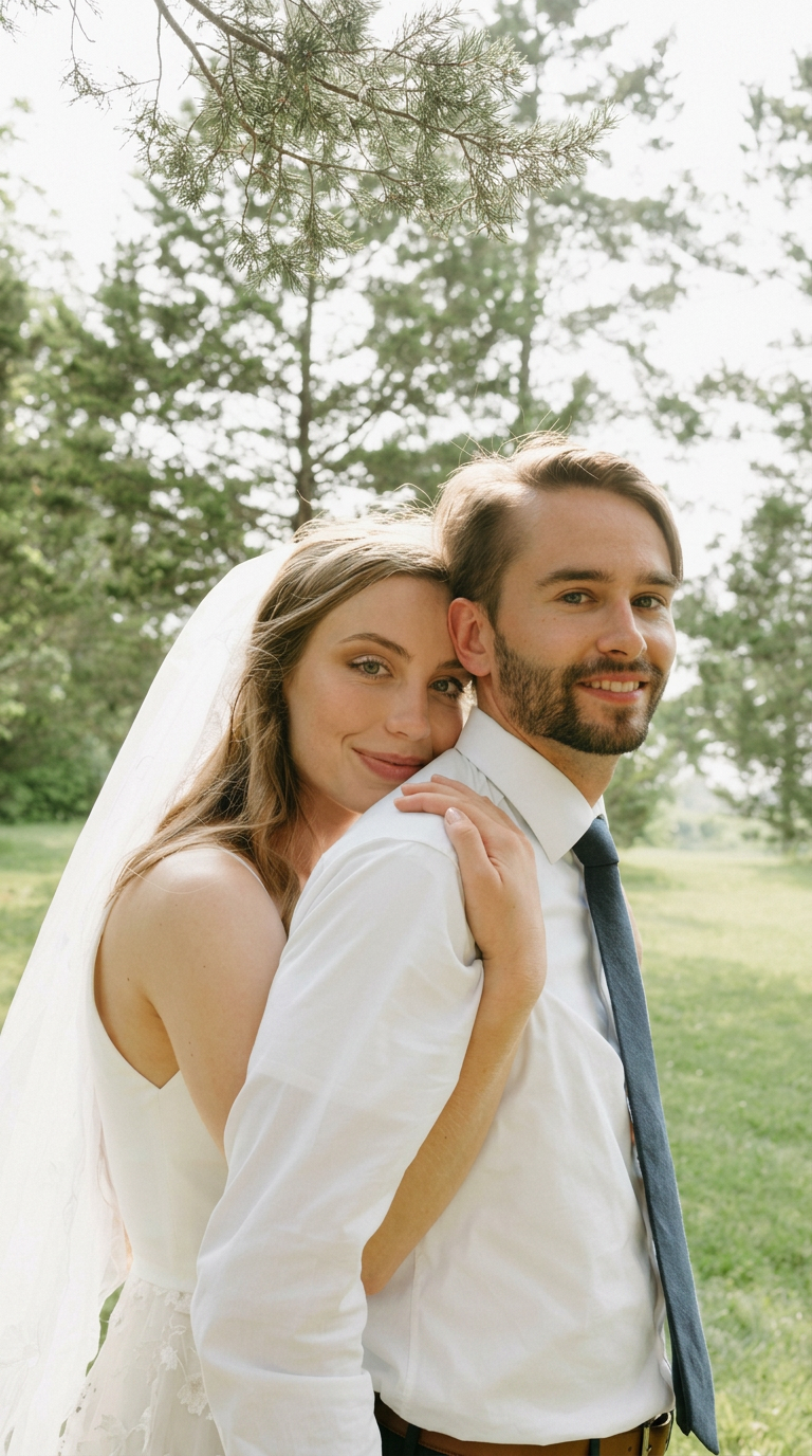 Bride and groom in golden field light
